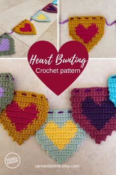 crochet heart bunting is hanging on the wall