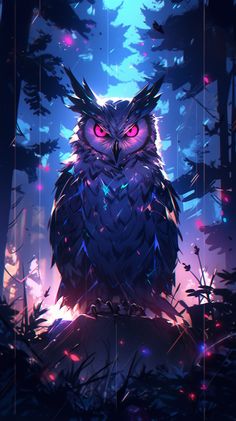 an owl sitting in the middle of a forest with bright lights on it's face