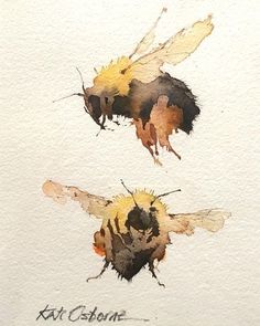 two bees painted in watercolor on white paper