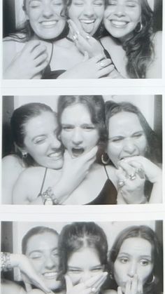 black and white photos of three women laughing together with their hands on their mouths, one woman is holding her face up to the other's mouth