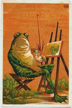 a frog sitting in a chair with an easel and paintbrush