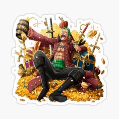 a man sitting on the ground surrounded by gold coins and other items sticker / decal