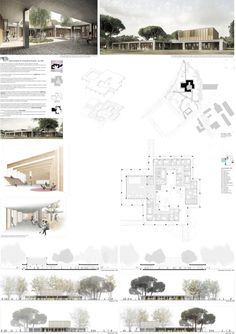 an architectural drawing shows the various sections of a building with trees and people walking around it