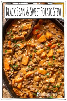 black bean and sweet potato stew in a skillet