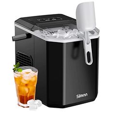 a black and white drink dispenser next to a glass filled with ice