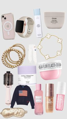 an assortment of beauty products and accessories arranged on a white background