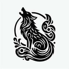 a black and white drawing of a wolf with swirls on it's tail