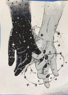 two hands holding each other with stars in the sky behind them and an inscription that reads,