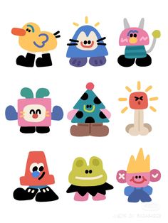 an assortment of cartoon characters in different colors