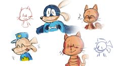 several cartoon cats with different expressions on their faces and body, all in various poses