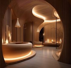 the interior of a spa with curved wooden walls