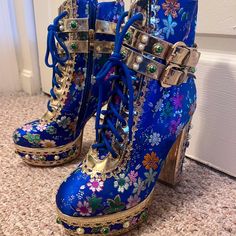 Akira Blue Embellished High Heel Boots Size 10 Nwot - Never Worn Sooo Cute I Just Didn’t Have An Occasion To Wear Them! Blue Heels Aesthetic, Blue Heel Boots, Ethereal Shoes, Blue And Gold Prom Dress, Royal Blue Boots, Cool Heels, Tease Hair, Queer Outfits, Blue Steampunk