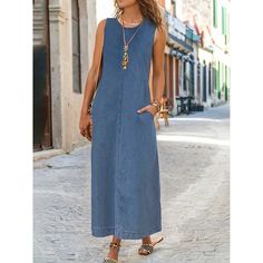 Season:Summer,Spring; Fabric:Denim; Sleeve Length:Sleeveless; Look After Me:Machine wash; Gender:Women's; Style:Casual,Modern; Elasticity:Micro-elastic; Occasion:Vacation; Fit Type:Regular Fit; Dresses Type:Shift Dress,Denim Dress; Pattern:Pure Color; Design:Patchwork; Neckline:Crew Neck; Front page:FF; Listing Date:05/09/2023; Production mode:External procurement; Bust:; Length:; Shoulder Width:; Waist:; Fit US Size:; Fit UK Size:; Fit EU Size:; Dress Length Type:Maxi long Dress; Print Type:non Denim Shirt Dress Women, Denim Dresses Online, Womens Basic Tops, Maxi Long Dress, Denim Maxi Dress, Womens Denim Dress, Printed Casual Dresses, Dress Denim, Plain Dress