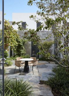 an outdoor dining area with tables and chairs, surrounded by greenery in the background