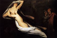 a painting of a woman laying on the ground next to a man with no shirt