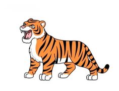 an orange tiger with its mouth open and it's teeth wide open, standing in front of a white background