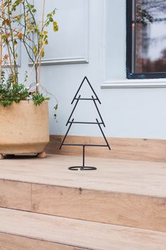 a small christmas tree sitting on top of a wooden step next to a potted plant