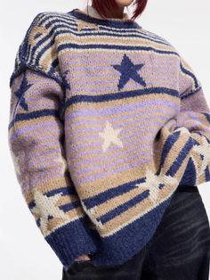 Embrace a nostalgic charm with the Vintage Stars Striped Knitted Sweater. This unisex piece boasts a cozy knit fabric, enhanced by a drop shoulder design and classic crew neck. Its long sleeves and soft touch make it a perfect addition to any winter wardrobe, offering a blend of comfort, retro allure, and streetwise style. Y2K vintage aesthetic Unisex Soft touch knit material Drop shoulder Crew neck Long sleeve Order 1 size larger to be oversized Winter Star Print Crew Neck Sweatshirt, Winter Crew Neck Sweatshirt With Star Print, Fall Star Print Crew Neck Sweatshirt, Cozy Long Sleeve Sweater With Star Print, Casual Crew Neck Sweater With Star Print, Oversized Fall Sweatshirt With Star Print, Oversized Fair Isle Crew Neck Sweater, Retro Crew Neck Sweater For Fall, Trendy Crew Neck Sweater With Fair Isle Pattern