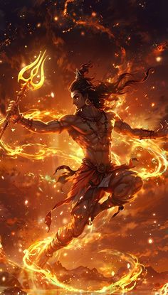 an image of a man with fire in the air and holding a staff on his back