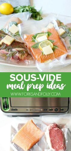 sous - vide meal prep idea with salmon, cheese and other foods in plastic bags