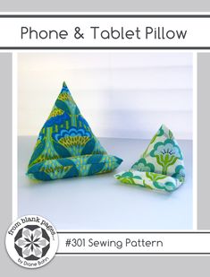 the phone and tablet pillow sewing pattern is shown in two different sizes, with one triangle shaped