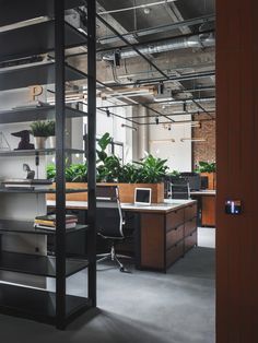 an office with open shelves and plants on the desks