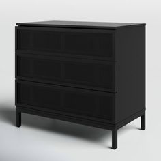 a black dresser with three drawers on one side and an open drawer on the other