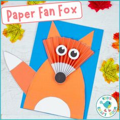 a paper fox craft with leaves on the ground and text that reads, paper fan fox