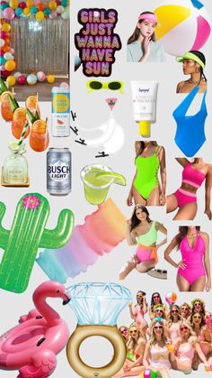 a collage of various items including an inflatable pool floater, beach ball, and other things