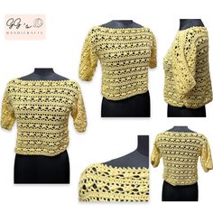 four different views of a yellow crocheted top on a mannequin head