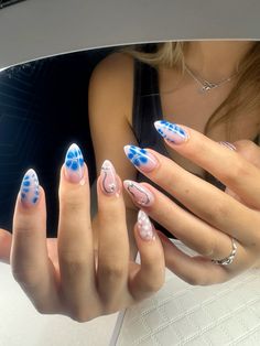 #trendy #blue #nailart #almond #blooming #silver #inspiration #inspo Blue Nail Designs With Flowers, Blue And Silver Nails Ideas, Blue And White Almond Nails Design, Blue Themed Nails Almond, Fancy Almond Nails Blue, Blue Nail Designs Almond, Nail Ideas Blooming Gel, Blue Almond Acrylic Nails, Blue Flower Almond Nails