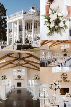 a collage of photos with white flowers and greenery in front of a large building