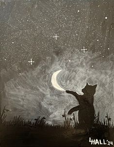 a drawing of a cat reaching up to the stars in the night sky with it's paws