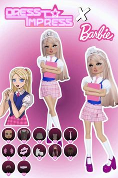 an image of barbie doll paper dolls with different outfits and headbands, all in pink