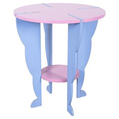 a pink and blue side table with an oval shaped shelf on one end, and two curved sections at the top