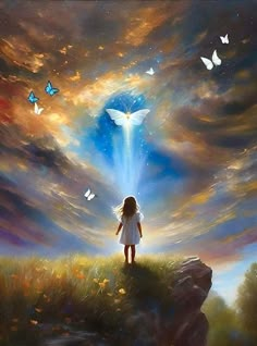 a painting of a girl standing on top of a hill with butterflies flying around her