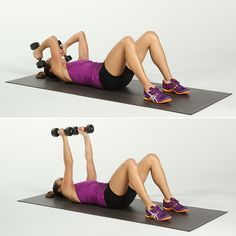 an image of a woman doing push ups with dumbbells on her stomach and back