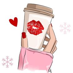 a woman's hand holding a coffee cup with red lipstick on it