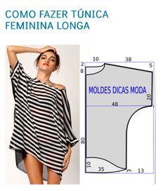 a woman wearing a striped top with the measurements for her body and shoulder, in front of