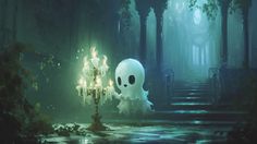 a creepy ghost standing in front of a chandelier with lights on it's sides