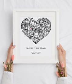 two hands holding up a white framed print with the words where it all begin on it