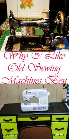 an old sewing machine sitting on top of a green table next to a white box