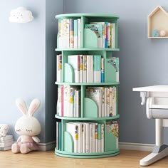 a bookshelf in the corner of a child's room