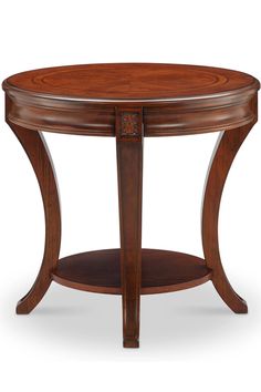 a round wooden table with two shelves on the top and one shelf below it,