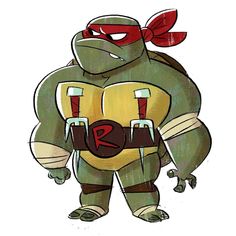 an image of a cartoon character with a red bow on his head and wearing a turtle costume