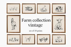 the farm collection vintage set of 10 prints is shown in black and white, with an old