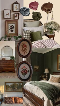 a collage of pictures with various items in them including bedding, pillows and paintings