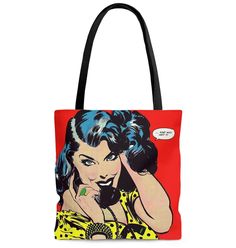 Pop Art retro comic tote bag Exclusive to our store. Not sold anywhere else on the planet! Practical and high quality tote bag featuring a bright and colorful image with a distinctive look! 16 x 16 x 3 inches Handle height : 11,82 inches Handle width : 1 inch  100% Polyester Printed on both sides Boxed corners Black cotton handles Black lining About our Products All our products are printed on demand in the United States, and shipped from the United States, by our suppliers. Please allow around Handmade Retro Shoulder Bag Gift, Retro Red Square Shoulder Bag, Retro Travel Bag With Graphic Print, Fun Red Tote Bag, Retro Bags With Graphic Print For Everyday, Retro Bags With Graphic Print For Daily Use, Retro Multicolor Gift Bag, Graphic Print Tote Shoulder Bag As Gift, Retro Red Square Bag