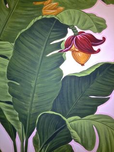 a painting of a banana plant with red and yellow flowers