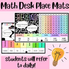 a poster with the words, math desk place mats and student's will refer to daily